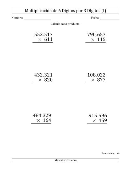 La hoja de ejercicios de Multiplicar Números de 6 Dígitos por 3 Dígitos (Formato Grande) Usando Puntos como Separadores de Millares (I)