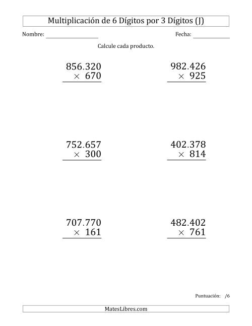 La hoja de ejercicios de Multiplicar Números de 6 Dígitos por 3 Dígitos (Formato Grande) Usando Puntos como Separadores de Millares (J)