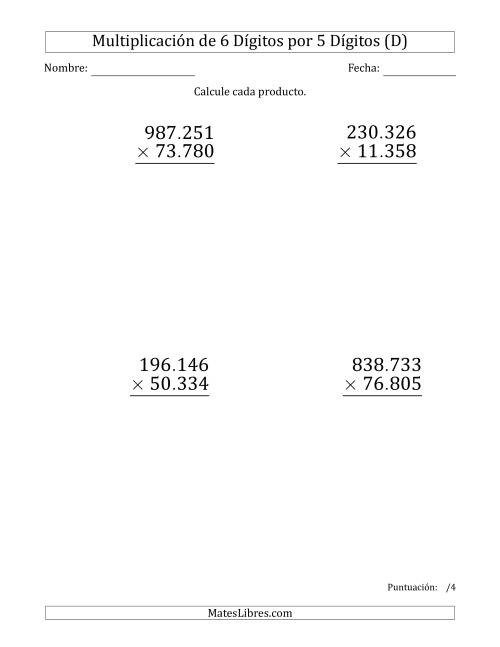 La hoja de ejercicios de Multiplicar Números de 6 Dígitos por 5 Dígitos (Formato Grande) Usando Puntos como Separadores de Millares (D)