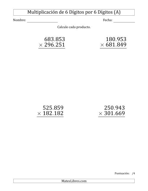 La hoja de ejercicios de Multiplicar Números de 6 Dígitos por 6 Dígitos (Formato Grande) Usando Puntos como Separadores de Millares (A)