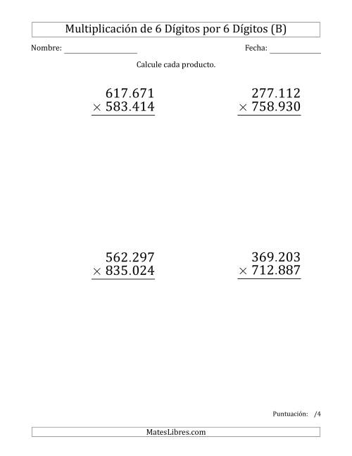 La hoja de ejercicios de Multiplicar Números de 6 Dígitos por 6 Dígitos (Formato Grande) Usando Puntos como Separadores de Millares (B)