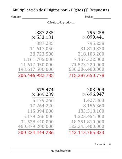 La hoja de ejercicios de Multiplicar Números de 6 Dígitos por 6 Dígitos (Formato Grande) Usando Puntos como Separadores de Millares (J) Página 2