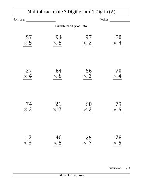 La hoja de ejercicios de Multiplicar Números de 2 Dígitos por 1 Dígito (Formato Grande) (A)