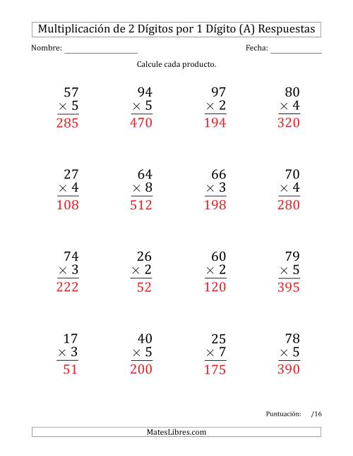 La hoja de ejercicios de Multiplicar Números de 2 Dígitos por 1 Dígito (Formato Grande) (A) Página 2