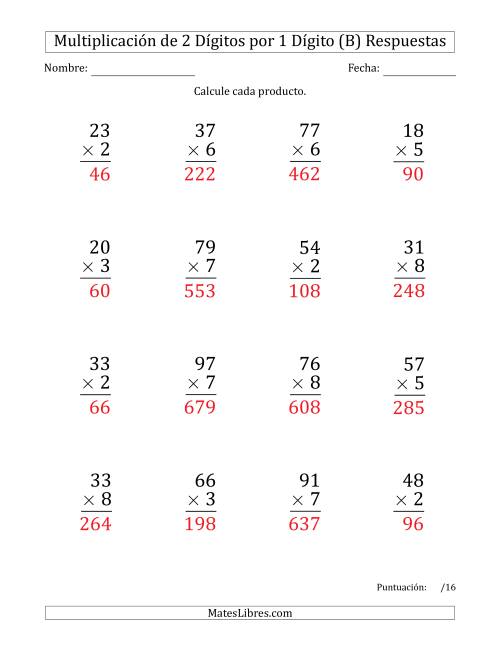 La hoja de ejercicios de Multiplicar Números de 2 Dígitos por 1 Dígito (Formato Grande) (B) Página 2