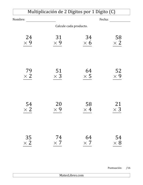 La hoja de ejercicios de Multiplicar Números de 2 Dígitos por 1 Dígito (Formato Grande) (C)
