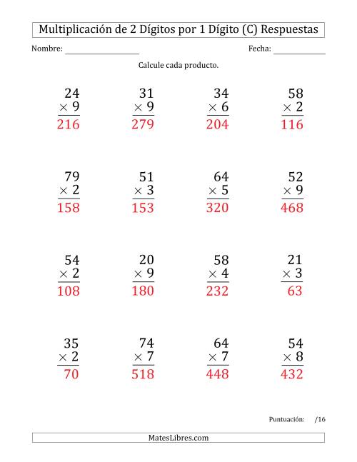 La hoja de ejercicios de Multiplicar Números de 2 Dígitos por 1 Dígito (Formato Grande) (C) Página 2
