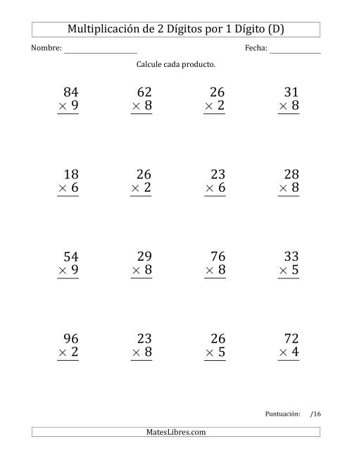 La hoja de ejercicios de Multiplicar Números de 2 Dígitos por 1 Dígito (Formato Grande) (D)