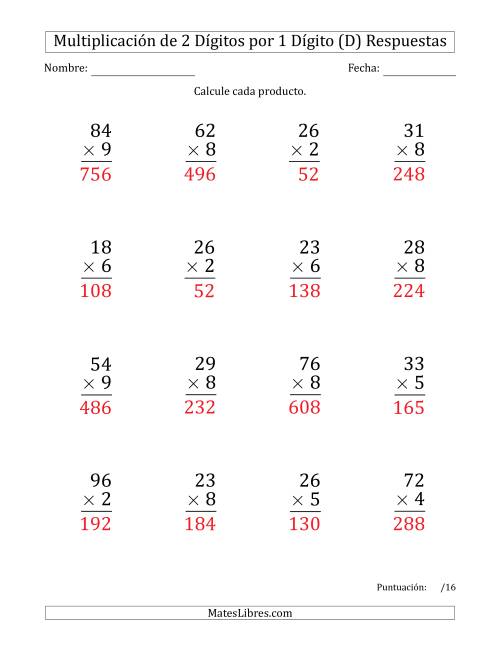 La hoja de ejercicios de Multiplicar Números de 2 Dígitos por 1 Dígito (Formato Grande) (D) Página 2