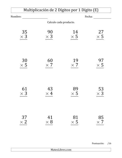 La hoja de ejercicios de Multiplicar Números de 2 Dígitos por 1 Dígito (Formato Grande) (E)