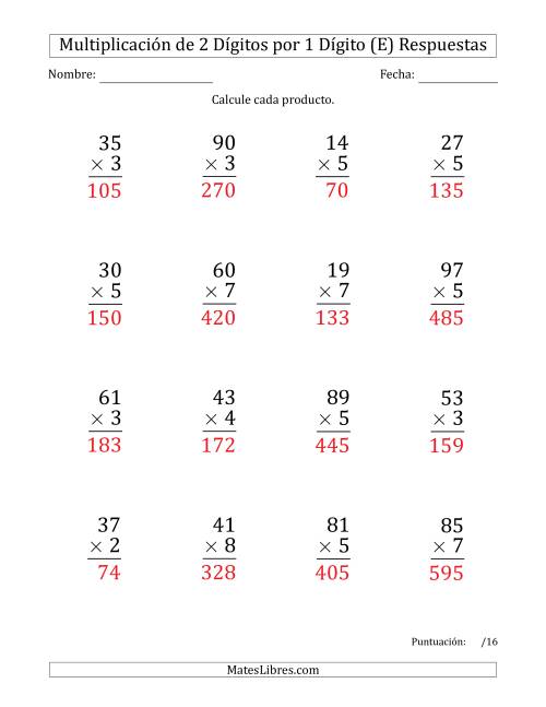 La hoja de ejercicios de Multiplicar Números de 2 Dígitos por 1 Dígito (Formato Grande) (E) Página 2