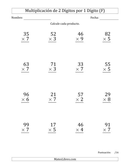 La hoja de ejercicios de Multiplicar Números de 2 Dígitos por 1 Dígito (Formato Grande) (F)