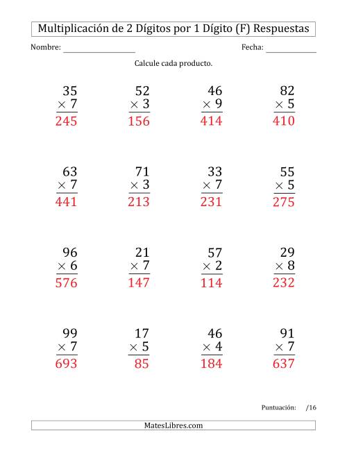 La hoja de ejercicios de Multiplicar Números de 2 Dígitos por 1 Dígito (Formato Grande) (F) Página 2