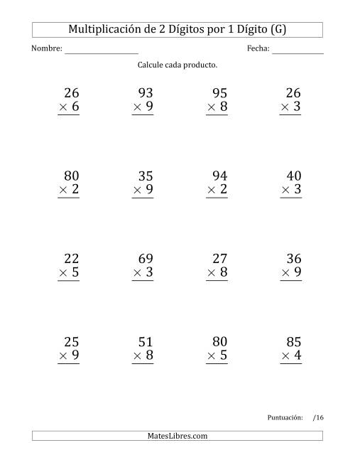 La hoja de ejercicios de Multiplicar Números de 2 Dígitos por 1 Dígito (Formato Grande) (G)
