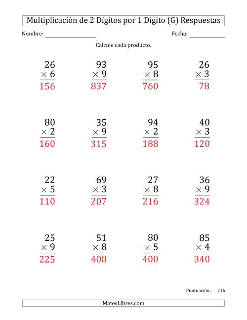 La hoja de ejercicios de Multiplicar Números de 2 Dígitos por 1 Dígito (Formato Grande) (G) Página 2