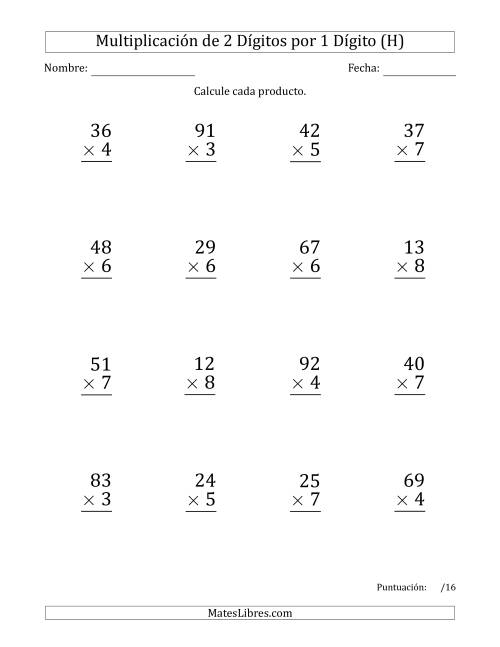 La hoja de ejercicios de Multiplicar Números de 2 Dígitos por 1 Dígito (Formato Grande) (H)