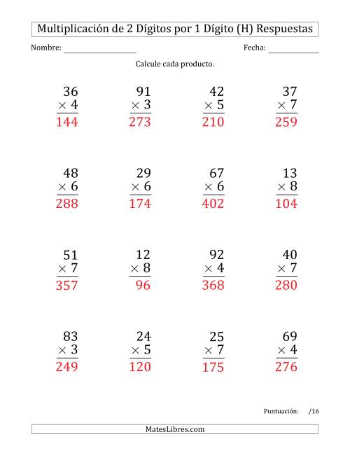 La hoja de ejercicios de Multiplicar Números de 2 Dígitos por 1 Dígito (Formato Grande) (H) Página 2