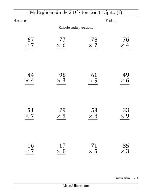 La hoja de ejercicios de Multiplicar Números de 2 Dígitos por 1 Dígito (Formato Grande) (I)