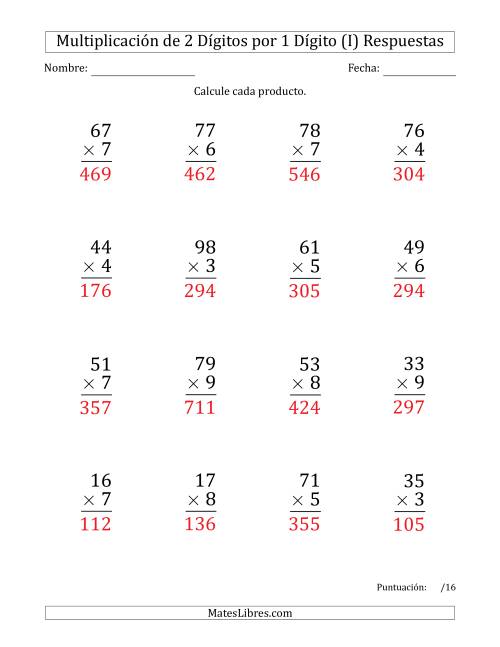 La hoja de ejercicios de Multiplicar Números de 2 Dígitos por 1 Dígito (Formato Grande) (I) Página 2