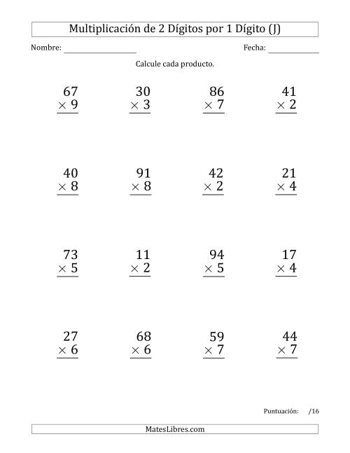 La hoja de ejercicios de Multiplicar Números de 2 Dígitos por 1 Dígito (Formato Grande) (J)