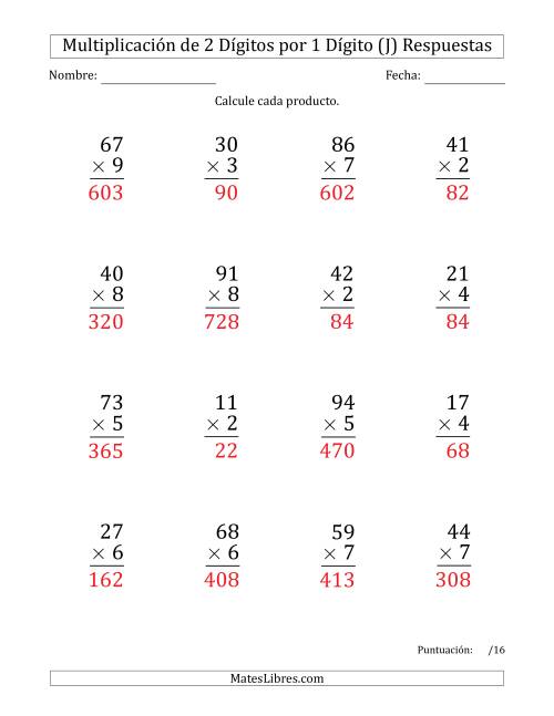 La hoja de ejercicios de Multiplicar Números de 2 Dígitos por 1 Dígito (Formato Grande) (J) Página 2