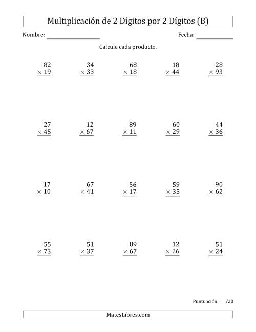 La hoja de ejercicios de Multiplicar Números de 2 Dígitos por 2 Dígitos (B)