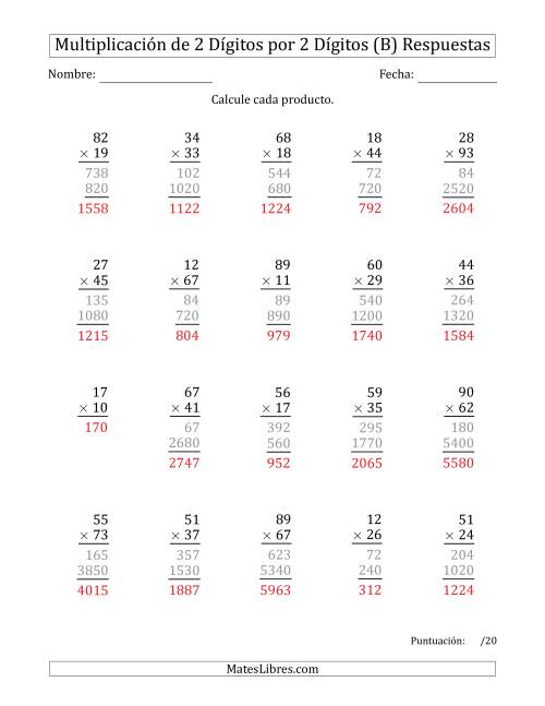 La hoja de ejercicios de Multiplicar Números de 2 Dígitos por 2 Dígitos (B) Página 2