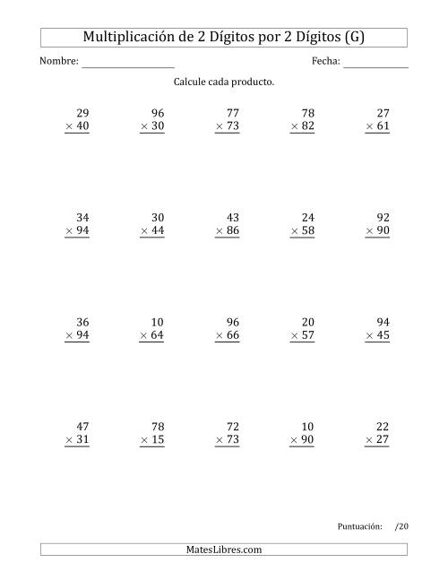 La hoja de ejercicios de Multiplicar Números de 2 Dígitos por 2 Dígitos (G)