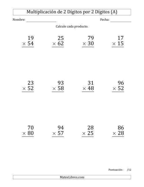 La hoja de ejercicios de Multiplicar Números de 2 Dígitos por 2 Dígitos (Formato Grande) (A)