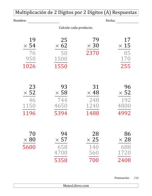 La hoja de ejercicios de Multiplicar Números de 2 Dígitos por 2 Dígitos (Formato Grande) (A) Página 2