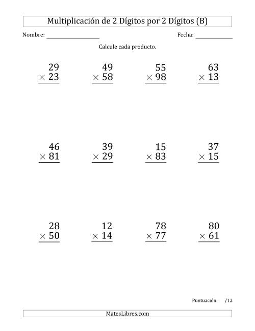 La hoja de ejercicios de Multiplicar Números de 2 Dígitos por 2 Dígitos (Formato Grande) (B)