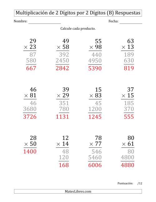 La hoja de ejercicios de Multiplicar Números de 2 Dígitos por 2 Dígitos (Formato Grande) (B) Página 2