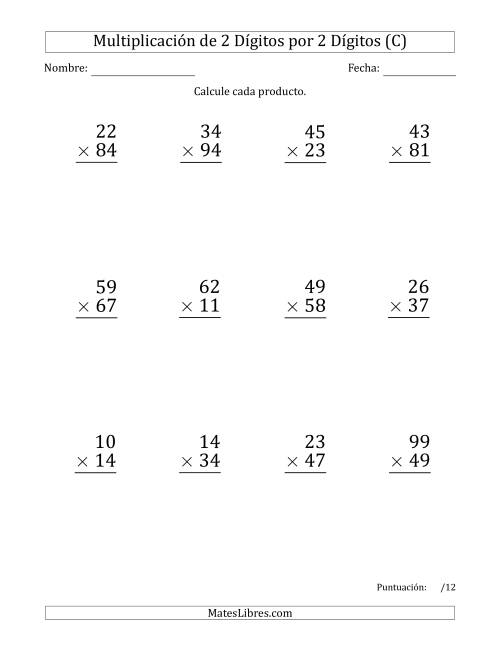 La hoja de ejercicios de Multiplicar Números de 2 Dígitos por 2 Dígitos (Formato Grande) (C)