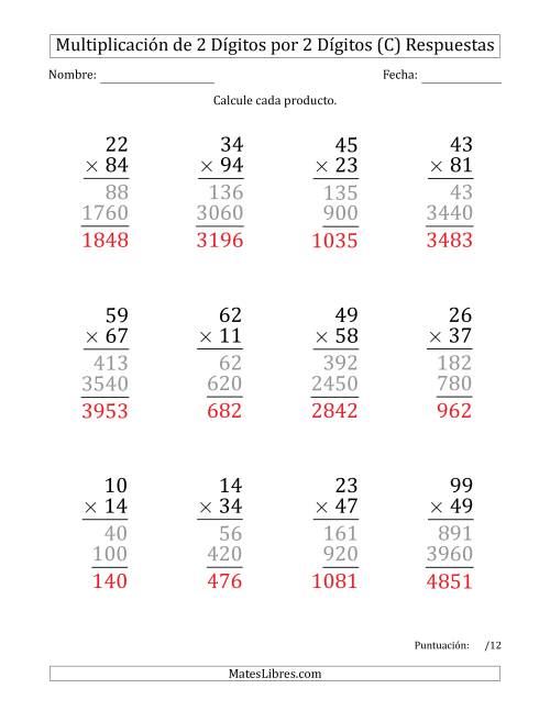 La hoja de ejercicios de Multiplicar Números de 2 Dígitos por 2 Dígitos (Formato Grande) (C) Página 2