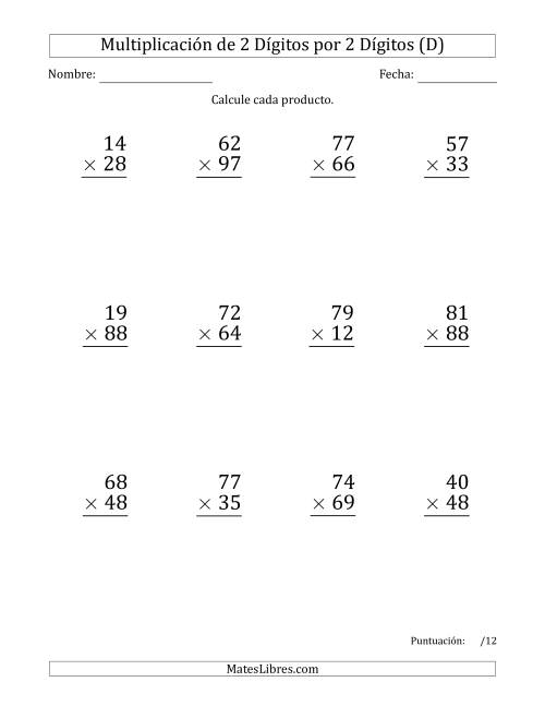 La hoja de ejercicios de Multiplicar Números de 2 Dígitos por 2 Dígitos (Formato Grande) (D)