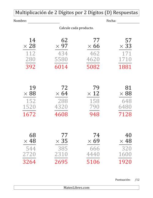 La hoja de ejercicios de Multiplicar Números de 2 Dígitos por 2 Dígitos (Formato Grande) (D) Página 2
