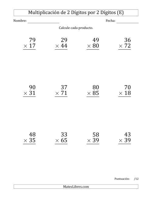 La hoja de ejercicios de Multiplicar Números de 2 Dígitos por 2 Dígitos (Formato Grande) (E)