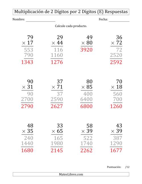 La hoja de ejercicios de Multiplicar Números de 2 Dígitos por 2 Dígitos (Formato Grande) (E) Página 2