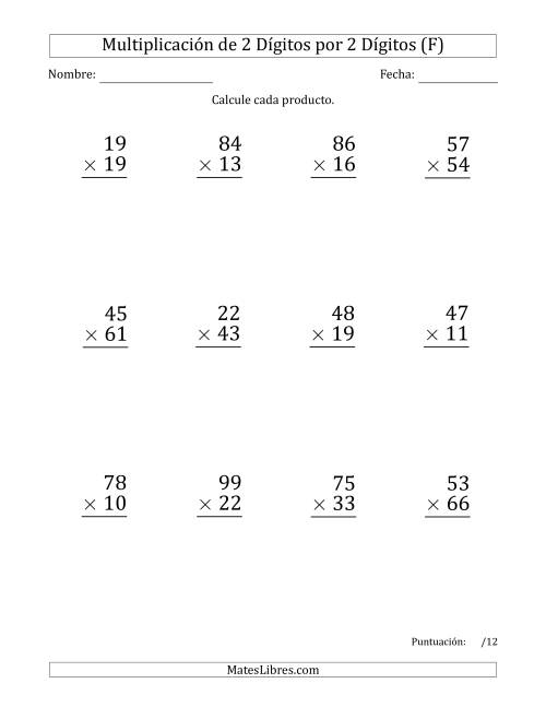 La hoja de ejercicios de Multiplicar Números de 2 Dígitos por 2 Dígitos (Formato Grande) (F)