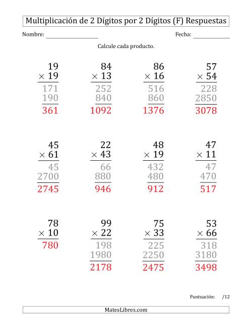 La hoja de ejercicios de Multiplicar Números de 2 Dígitos por 2 Dígitos (Formato Grande) (F) Página 2