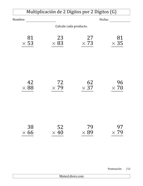 La hoja de ejercicios de Multiplicar Números de 2 Dígitos por 2 Dígitos (Formato Grande) (G)