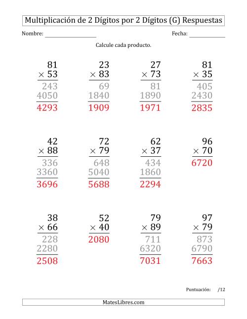 La hoja de ejercicios de Multiplicar Números de 2 Dígitos por 2 Dígitos (Formato Grande) (G) Página 2