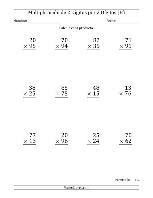 La hoja de ejercicios de Multiplicar Números de 2 Dígitos por 2 Dígitos (Formato Grande) (H)