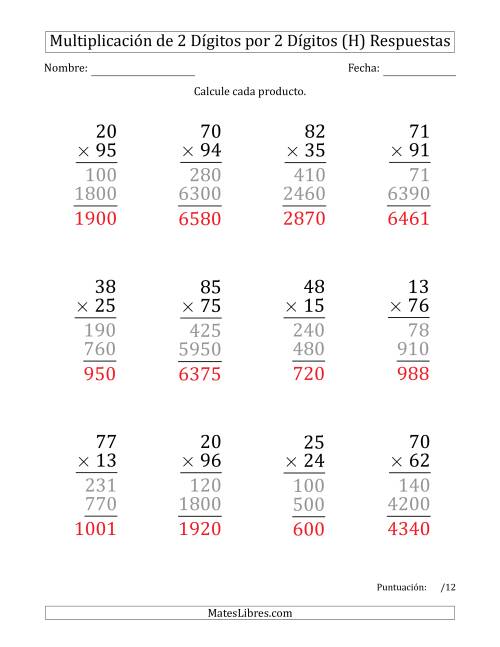 La hoja de ejercicios de Multiplicar Números de 2 Dígitos por 2 Dígitos (Formato Grande) (H) Página 2