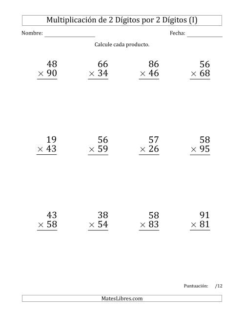 La hoja de ejercicios de Multiplicar Números de 2 Dígitos por 2 Dígitos (Formato Grande) (I)