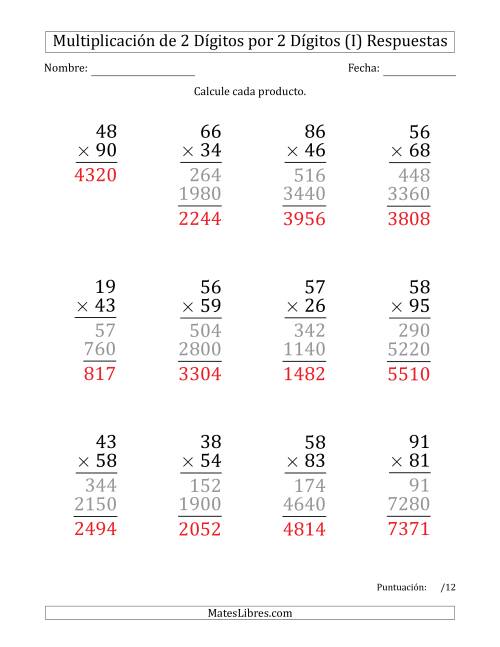 La hoja de ejercicios de Multiplicar Números de 2 Dígitos por 2 Dígitos (Formato Grande) (I) Página 2