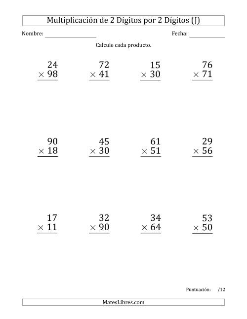 La hoja de ejercicios de Multiplicar Números de 2 Dígitos por 2 Dígitos (Formato Grande) (J)