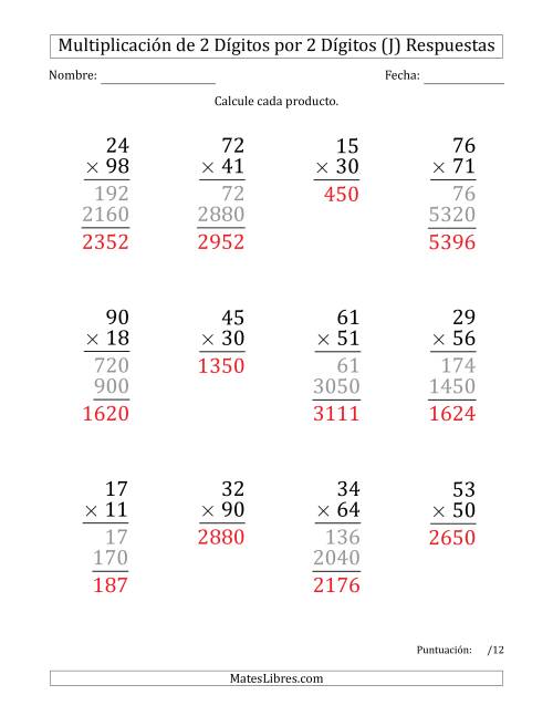 La hoja de ejercicios de Multiplicar Números de 2 Dígitos por 2 Dígitos (Formato Grande) (J) Página 2