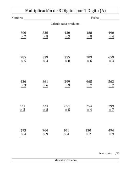 La hoja de ejercicios de Multiplicar Números de 3 Dígitos por 1 Dígito (A)