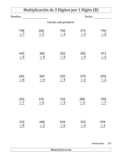 La hoja de ejercicios de Multiplicar Números de 3 Dígitos por 1 Dígito (B)